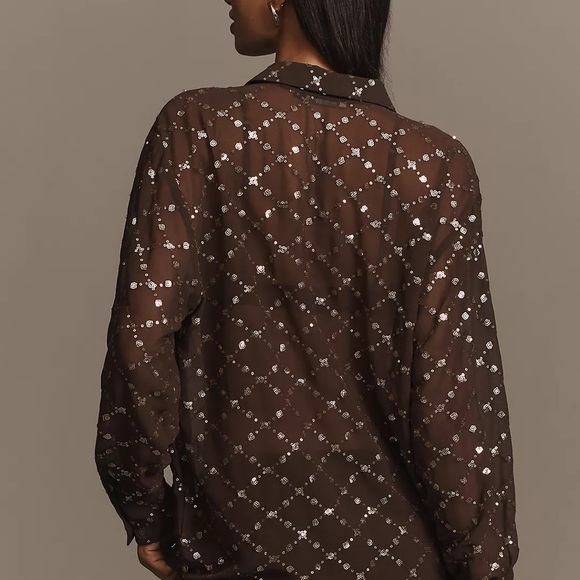 SCOTCH & SODA Gold Chocolate Brown Sequin Buttondown Shirt Sheer Anthro SZ XS - Picture 2 of 7